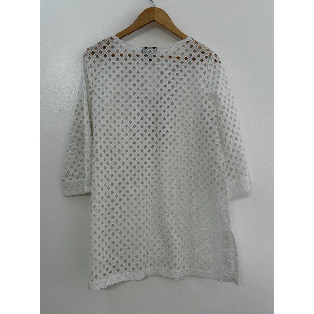 Mirror Image Cover Up Tunic‎ Womens L White Eyelet Beaded Split V-Neck Pullover - Picture 3 of 9